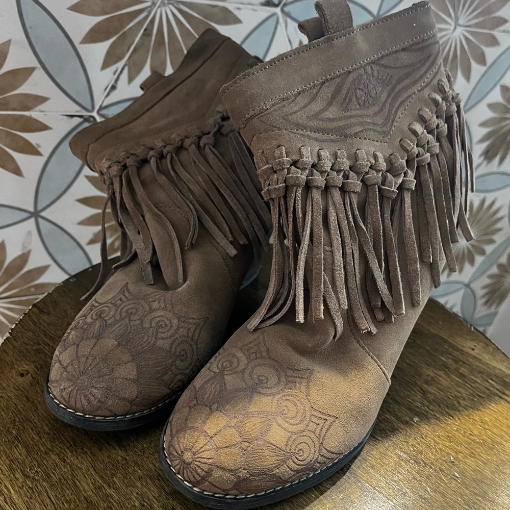OOAK Hand Embellished Sbicca Vintage Brown Fringed Ankle Booties